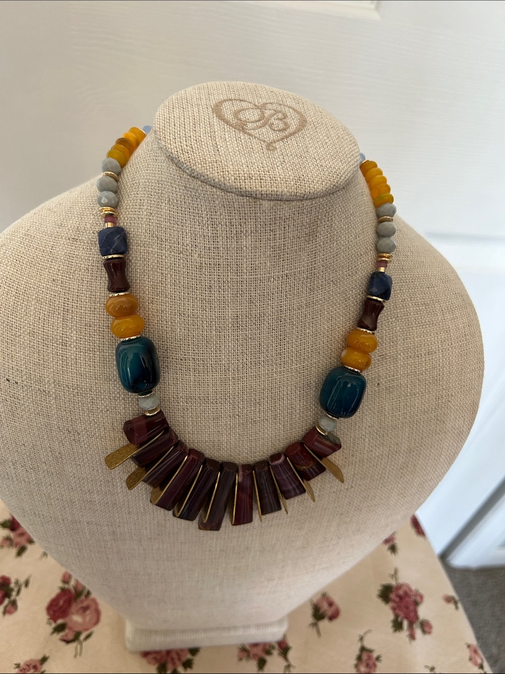 Multicolor Beaded Statement Necklace with Teal and Mustard Accents